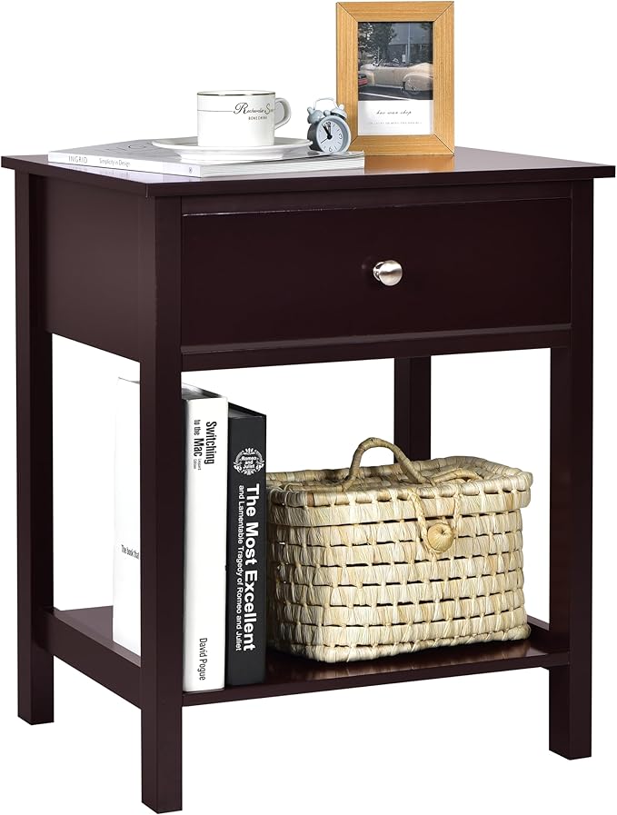Giantex Nightstand, Wood End Table with Drawer and Open Shelf, Night Stand for Small Spaces, 2-Tier Bedside Table for Living Room Bedroom Dorm, Easy Assembly, Brown