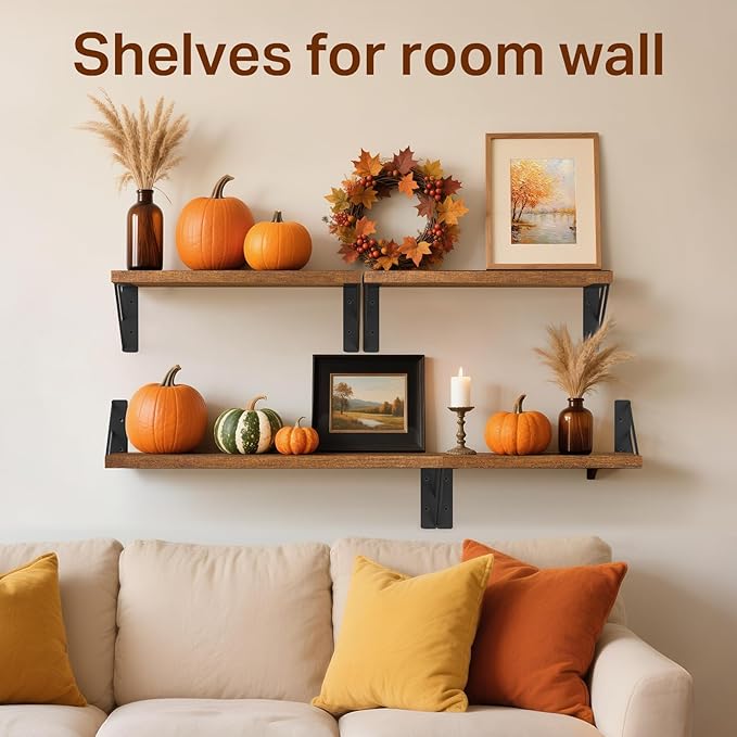 BAYKA Wall Shelves for Bedroom Decor, Floating Shelves for Wall Living Room Kitchen Storage, Mounted Rustic Wood Floating Shelves for Kids Books, Corner Shelf for Bathroom(Rustic Brown，Set of 4)