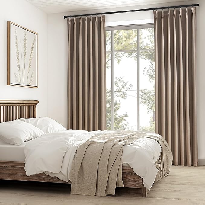 Topfinel 102 Inches Long Custom Blackout Linen Curtains, Pinch Pleated Noise Cancelling Curtains with Pin Hooks for Traverse Rods, Earth Tone Viral Drapes 2 Panels for Living Room Master Bedroom