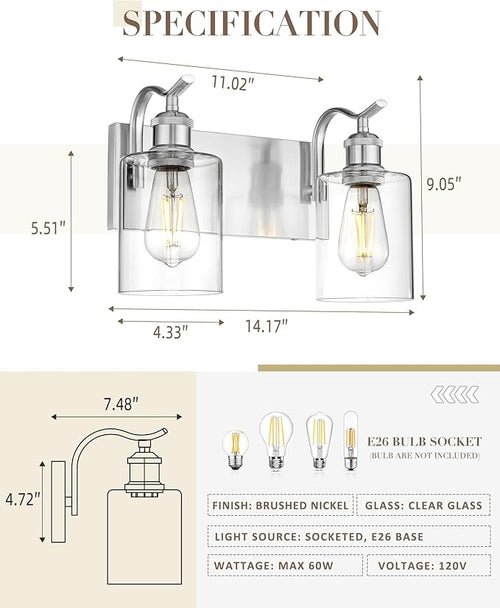 2-Light Bathroom Vanity Light, Brushed Nickel Wall Sconce, Modern Bathroom Light with Clear Glass, VL01BN-2