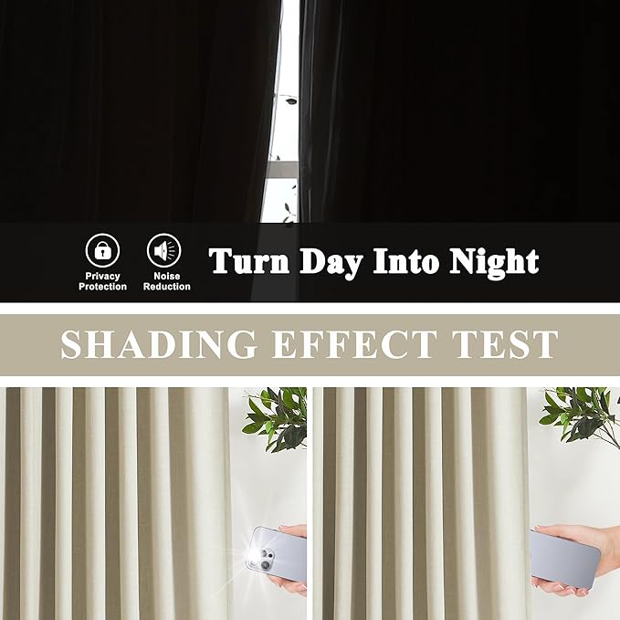 Vision Home Sand Linen Full Blackout Curtains for Bedroom Living Room Darkening Soundproof Window Curtains 63 inch Thermal Insulated Rod Pocket Back Tab Rustic Drapes 2 Panels 56" Wx63 L