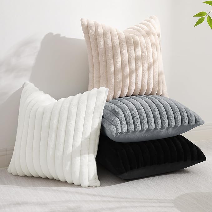 decorUhome Faux Fur Spring Throw Pillow Covers 16x16 Set of 2, Decorative Soft Plush Striped Neutral Couch Pillow Covers with Velvet Back for Sofa, Bed, Living Room Home, Black