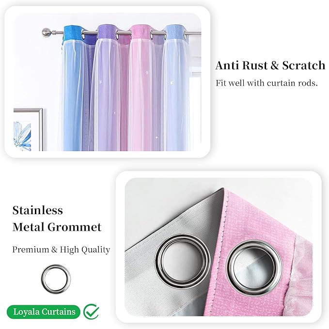 Star Blackout Curtains for Bedroom - Rainbow, 96 Inches Long, 2 Panels - Blue, Purple & Pink