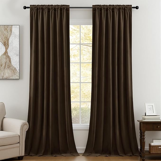 90 Inch Long Velvet Curtains for Living Room, Light Reducing Thermal Curtain Back Tab & Rod Pocket Elegant Soundproof Luxury Room Darkening Window Drapes for Bedroom, W52 x L90, Brown, 2 Pcs