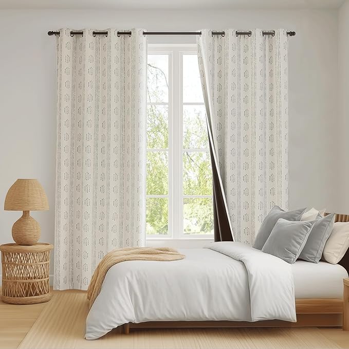 100% Boho Blackout Curtains 72 Inches Long for Bedroom, Grey on Beige Patterned Bohemian Curtains for Living Room, Geometric Striped Thermal Insulated Window Drapes Gromment Top 2 Panels