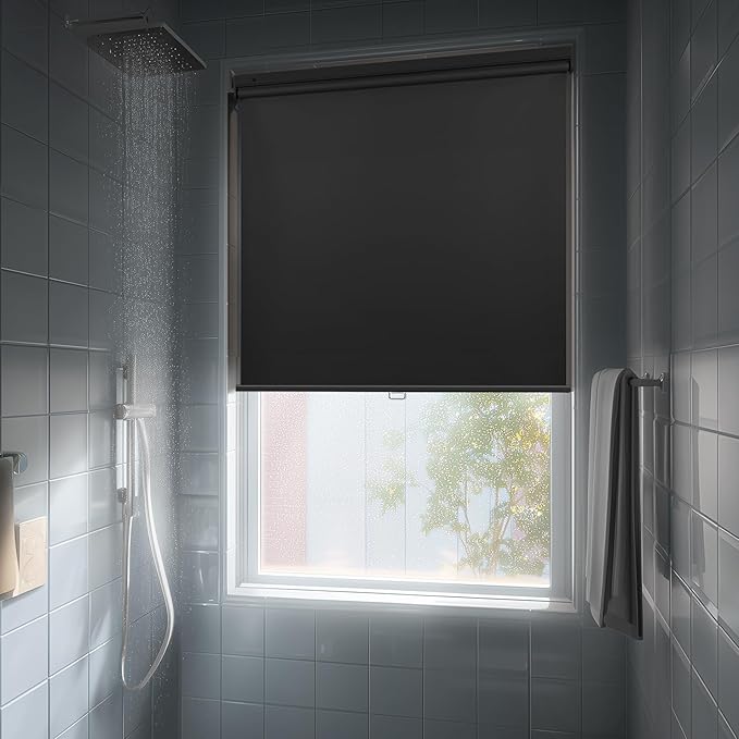 HESTIA No Drill Cordless Blackout Roller Shades Screwless Waterproof Shower Window Blinds, Auto-Retraction Easy Install Blind for Bathroom/Kitchen/Office/Exterior, Black, 44.5" W x 72" H