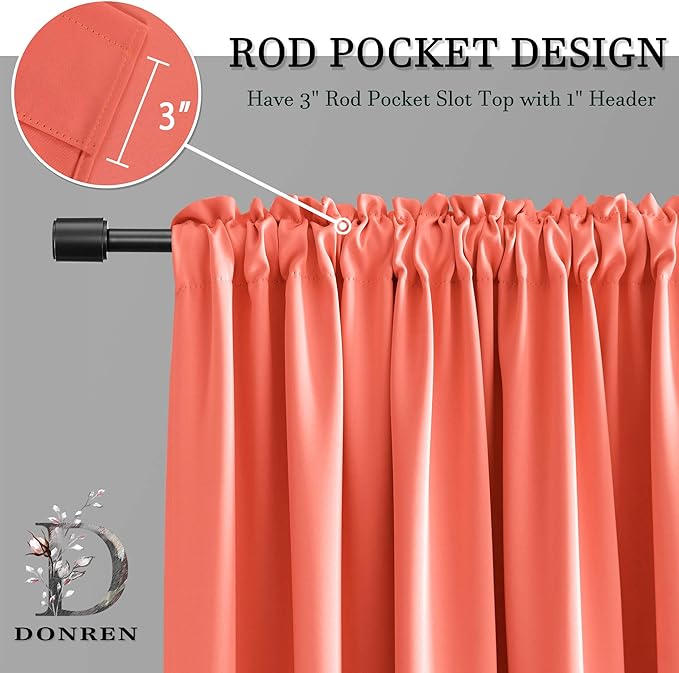 DONREN Living Coral Blackout Curtains Rod Pocket Curtain Panels -Thermal Insulated Curtains for Living Room (52 W x 84 L Inch,2 Panels)