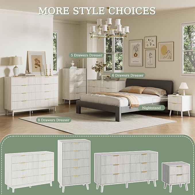 LYNSOM Fluted Dresser and Nightstand Sets 3 Piece, 5-Drawers Dresser and 1-Drawer Nightstands Set of 2, Wood Bedroom Furniture Set for Home, Bedroom, Hallway, White