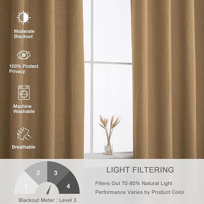 Jacquard Linen Curtains 63 inch Length 2 Panels Thick Faux Linen Blended Window Drapes Burlap Textured Curtains with Grommet for Living Room Bedroom Farmhouse (42x63 Light Coffee) Natural