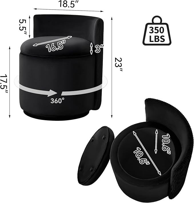 Velvet Vanity Chair with Storage, 360° Swivel Makeup Chair with Wave Back, No Assembly Small Accent Stool for Bedroom, Dressing, Living Room, Black