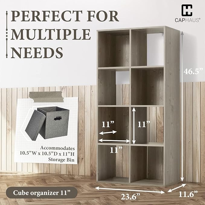CAPHAUS Sturdy Room 11-Inch Cube Storage Organizer Shelf, with Thick Exterior Edge, Storage Shelf Divider w/Back, Bookcase, 8-Cube, Rustic Grey Oak
