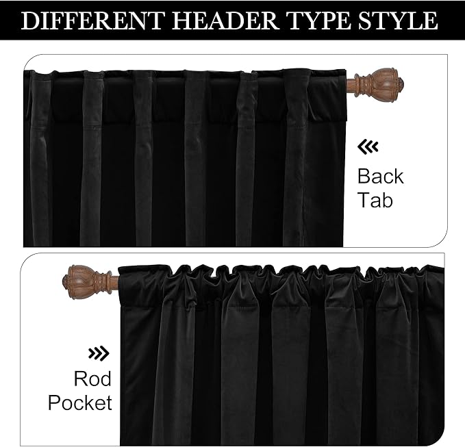 RYB HOME Velvet Curtains 120 inches - Blackout Heavy Duty Curtains Soft Luxury Back Tap Window Covering Privacy Blinds for Kids Room Bathroom Bedroom, Black, W52 x L120 inches, 2 Panels