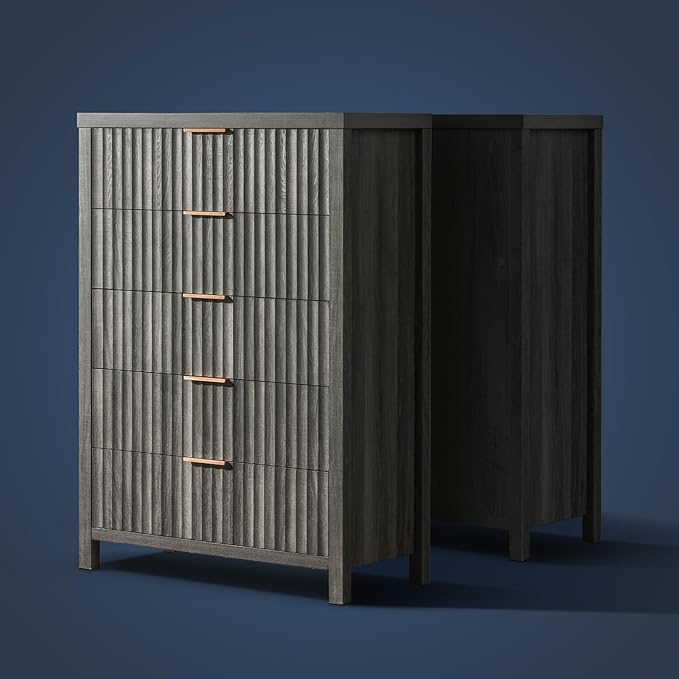 5 Drawers Dresser for Bedroom, 44 Inches Tall Modern Bedroom Dressers, Chest of Drawers for Bedroom, Fluted Dresser for Closet Organizer for Living Room, Hallway, Entryway (Midnight Oak, 3 Pieces)