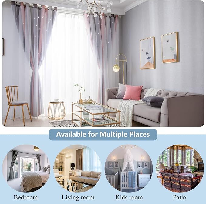 Star Blackout Curtains for Bedroom - Cute Kids Rainbow Curtains, 108 Inch Long 2 Panels, Pink & Grey