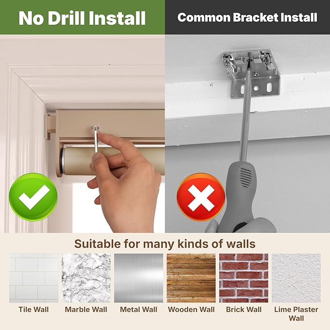 HESTIA No Drill Cordless Blackout Roller Shades Screwless Waterproof Shower Window Blinds, Auto-Retraction Easy Install Blind for Bathroom/Kitchen/Office/Exterior, Greige, 57.5" W x 72" H