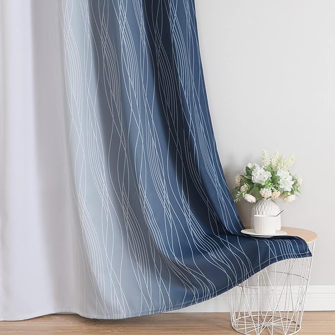 Estelar Textiler Blackout Curtains 90 Inches Long 2 Panels, Navy Blue and Greyish White Thermal Insulated Energy Saving Ombre Drapes for Bedroom,Light Blocking Grommet Curtains for Living Room,52Wx90L