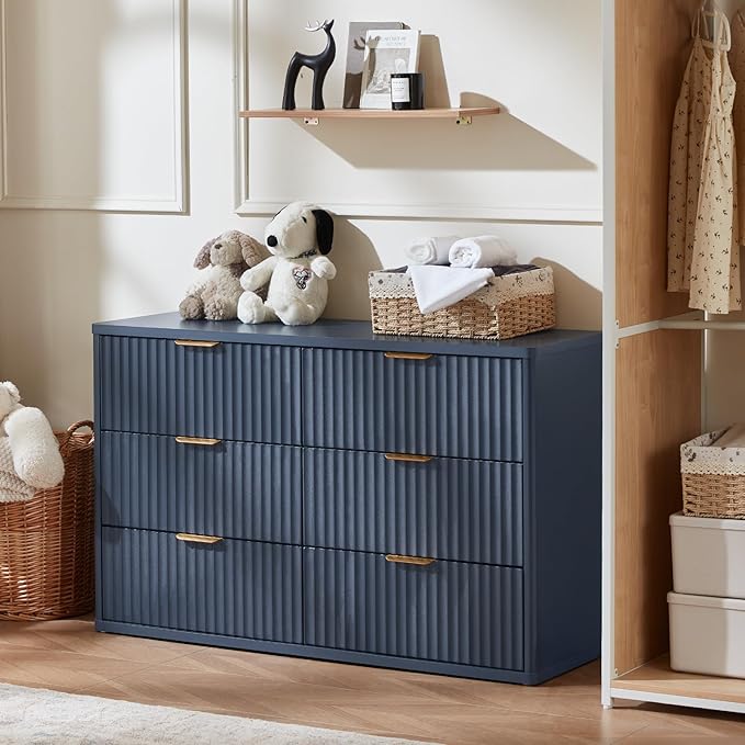 LEYAOYAO 48" Wide Fluted Dresser and 2 Drawers 23" Nightstand Set of 2, Wooden Dresser & Night Stand with Charging Station, 3 Piece Bedroom Furniture Set, Chest of Drawer for Living Room,Blue