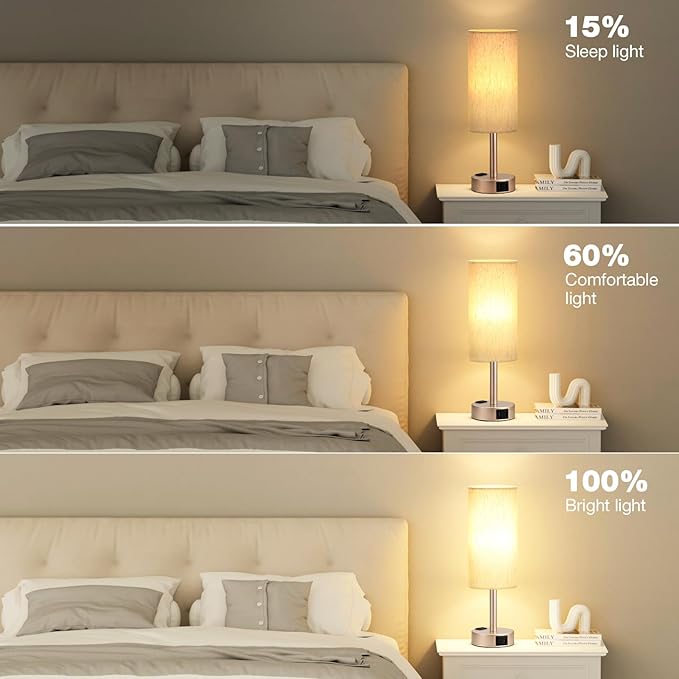 Fenmzee Bedside Table Lamp for Bedroom - 3 Way Dimmable Touch Lamp USB C Charging Ports and AC Outlet, Small Lamp Gold Base Round Flaxen Fabric Shade for Living Room, Desk, LED Bulb Included