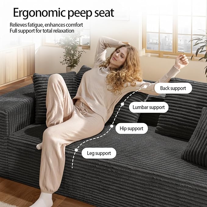 2-Seater Deep-Seat Corduroy Lounge Sleeper Sofa - No Assembly, Frameless Foam Cloud Couch for Living Room, Bedroom, Apartment, Dorm, Office