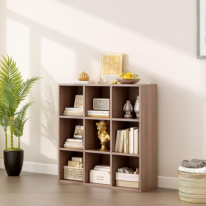 OSCHF 9-Cube Storage Shelf Bookcase - Wooden 3-Tier Floor Standing Open Bookshelf for Home and Office, Cuby Orgainzer, Walnut