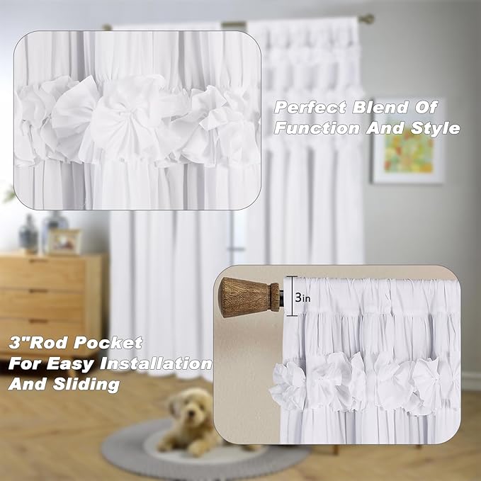 White Blackout Drapes - Handmade Ruffles & Butterfly Flower Accents Heat Blocking Window Curtain 54" x 84" x 2 Panels - Thermal Insulated, Soundproof & Light Reducing Curtains (LQ-37)