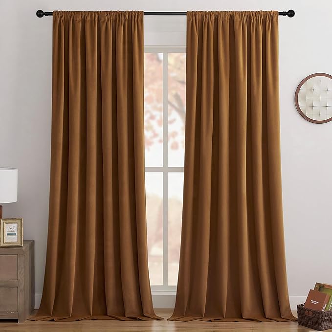 Joydeco Golden Brown 100% Blackout Curtains 120 Inch 2 Panels, Luxury Thermal Brown Velvet Curtains for Bedroom Living Room, Soundproof Blackout Window Drapes, Rod Pocket & Back Tab (52W x 120L)
