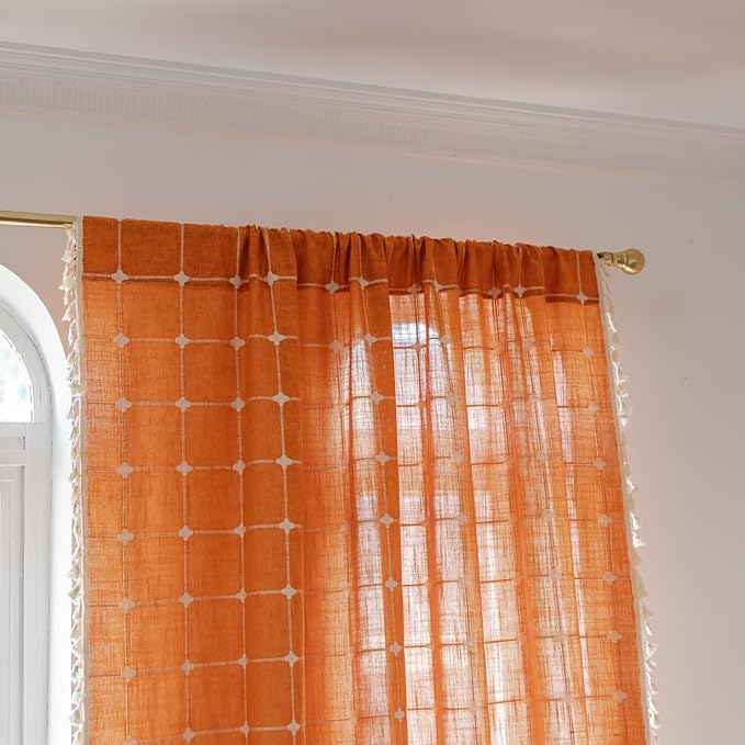 Sutuo Home Burnt Orange Plaids Boho Curtains for Living Room, Semi Blackout Linen Farmhouse Tassels Window Treatment Bohemian Embroidery Drape for Halloween Decor, Rod Pocket 1 Panel 52" W x 90" L