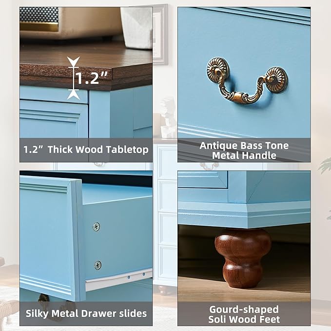 Farmhouse 5 Drawer Dresser for Bedroom, 45" Tall Rustic Chests of Drawers w/ 4 Solid Wood Feet, Mid Century Modern Wooden Closet Storage Dressers Organizer for Living Room, Hallway, Light Blue