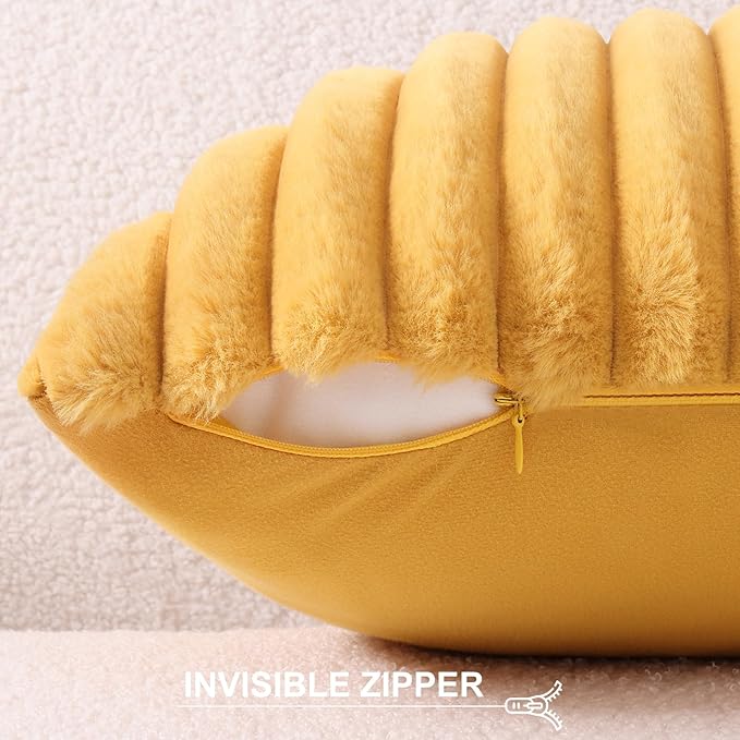 Pallene Faux Fur Plush Throw Pillow Covers 20x20 Set of 2, Luxury Soft Fluffy Striped Decorative Pillow Covers for Sofa, Couch, Living Room, Mustard Yellow