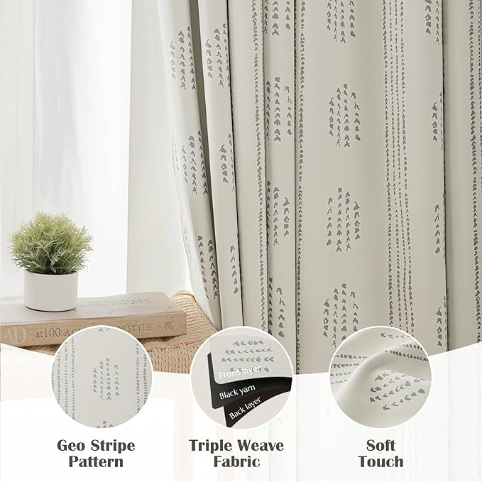 100% Boho Blackout Curtains 72 Inches Long for Bedroom, Grey on Beige Patterned Bohemian Curtains for Living Room, Geometric Striped Thermal Insulated Window Drapes Gromment Top 2 Panels