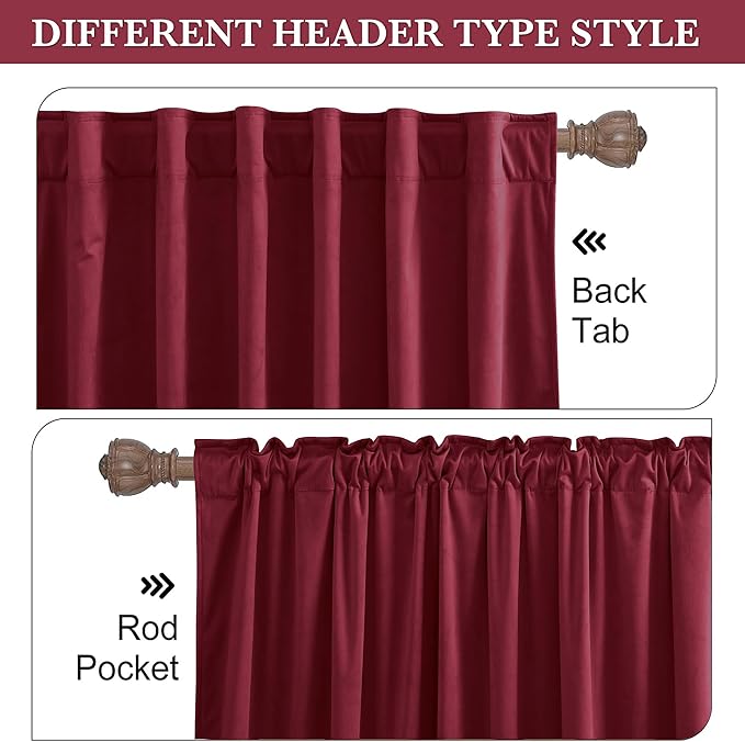 RYB HOME Burgundy Red Velvet Curtains for Christmas Decor, Soft Luxury Backdrops for Studio Theater, Back Tab Design for Bedroom Living Room, 52" W x L120 L, 2 Panels Set
