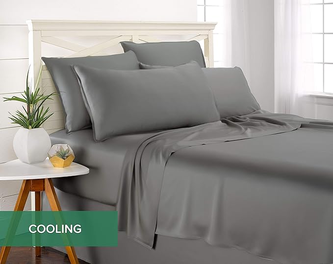 Pure Bamboo Split King Sheets, Genuine 100% Organic Viscose Derived from Bamboo Bed Sheet Set, Soft & Cooling, Double Stitching, 2 Fitted Sheets (Split King, Stone Grey)