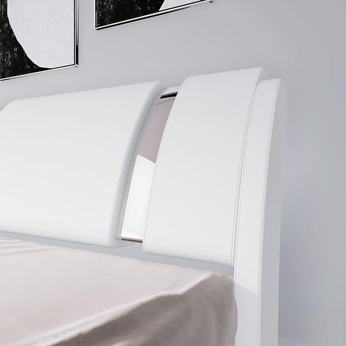 Allewie King Size Bed Frame with Iron Piece Decor, Faux Leather Upholstered Platform Bed with Curved Adjustable Headboard, Wooden Slats Support, No Box Spring Needed, Modern White