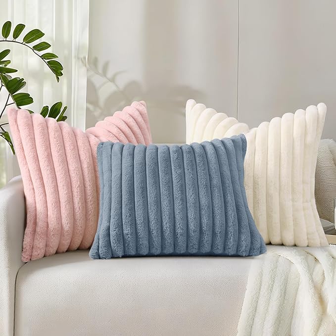 decorUhome Faux Fur Spring Throw Pillow Covers 24x24 Set of 2, Decorative Soft Plush Striped Neutral Couch Euro Sham Pillow Covers with Velvet Back for Sofa, Bed, Living Room Home, Pink