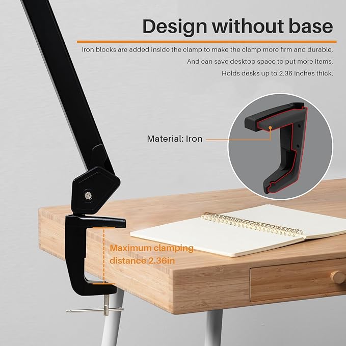 LED Architect Desk Lamp, 2300 Lumens, Dimmable, Metal Swing Arm, 5 Color Temperatures, 30W, Ideal for Task Work, Drafting, Reading, Clamp-on Office Table Lamp with 360 Bright LEDs (Black, CCT)
