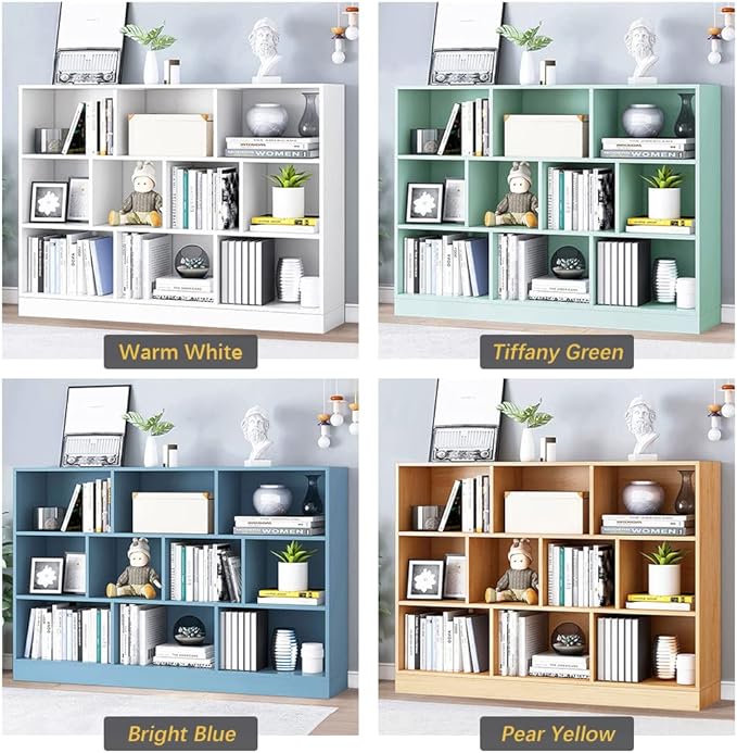IOTXY Open Shelf Low Bookcase - Wooden 3-Tier Floor Standing Display Cabinet Organizer with Base, 10 Cubes Short Horizontal Bookshelf in Bright Blue