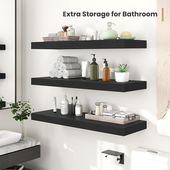 Heimlove 12 Inch Deep Floating Shelves, 12 x 12 inches Long Wall Shelf, Large Extra Display Shelf & Storage Shelf, Rustic Wood Wall Shelves for Fireplace Mantel, Black - 2Pack