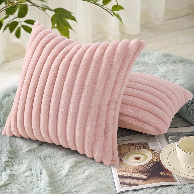 decorUhome Faux Fur Spring Throw Pillow Covers 20x20 Set of 2, Decorative Soft Plush Striped Neutral Couch Pillow Covers with Velvet Back for Sofa, Bed, Living Room Home, Pink