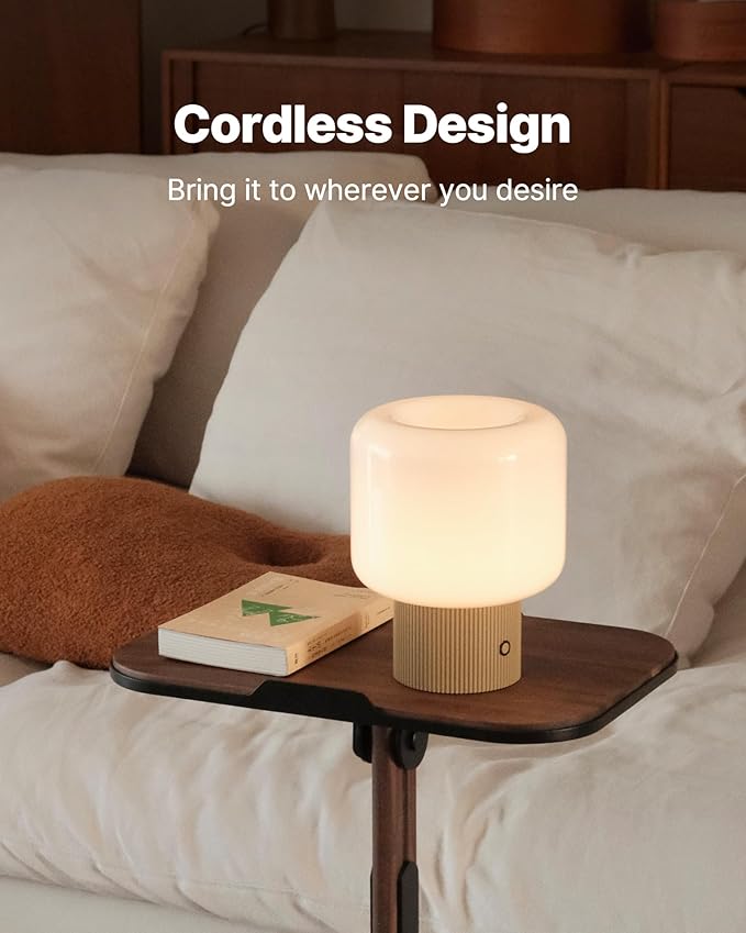 Halo Mushroom Lamp, 5W Cute Cordless Rechargeable Table Lamp with Glass Shade, 3 Color Temps LED Dimmable Ambient Lighting, Small Retro Touch Bedside Light for Bedroom Decor, Mustard Yellow