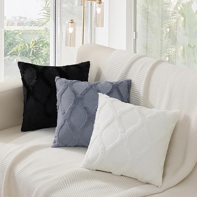 decorUhome Spring Euro Sham Throw Pillow Covers 22x22 Inch Set of 2, Soft Plush Faux Fur Wool Black Couch Pillow Covers, Decorative Neutral Pillow Cases for Bed Sofa Living Room Home Decor