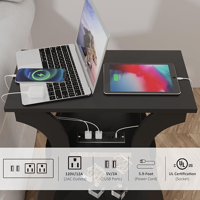 End Table with Charging Station, Side Table with USB Ports and Outlets, Nightstand, 3 Tier End Table with Storage Shelf for Living Room, Bedroom (Black)