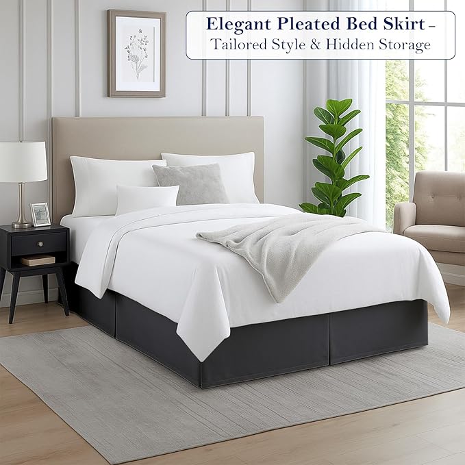Twin Bed Skirt, Luxury 15 Inch Drop Dark Grey Pleated Bed Skirt, Double Brushed Microfiber, Box Pleat Design, Wrinkle & Fade Resistant, Easy Fit Tailored Bedskirt for Twin Size Beds