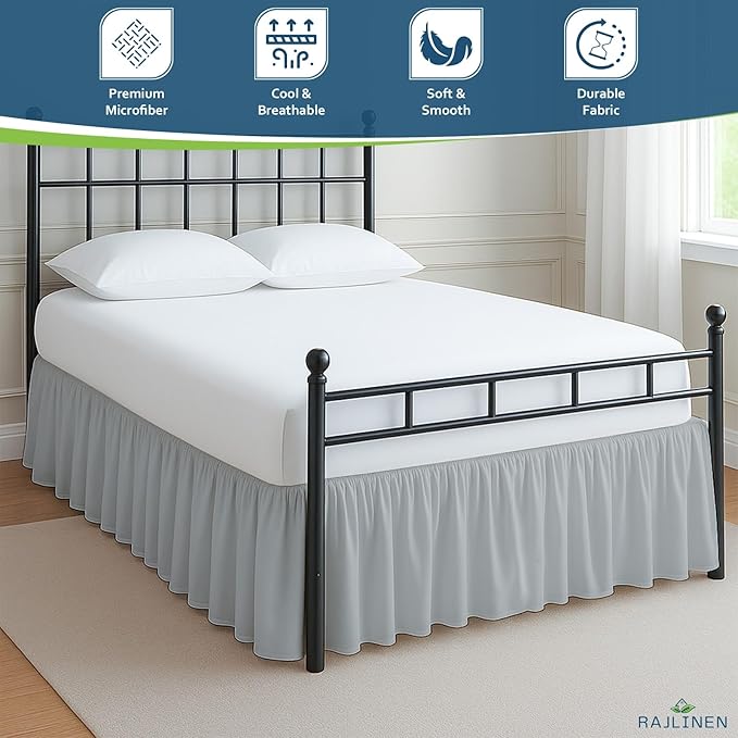 Rajlinen Ruffled Bed Skirt Full, 14 Inch Drop Dust Ruffle with Split Corners, 100% Microfiber Bedskirt with Platform, Three-Sided Coverage Ruffled Gathering Design, Light Grey
