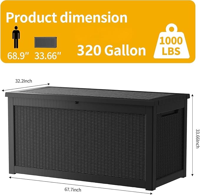 320 Gallon Outdoor Storage Box Waterproof Lockable Resin Deck Box Large, Patio Storage Bin for Pool Accessories Cushion Furniture, Garden Tools, UV-Resistant Outside Delivery Black