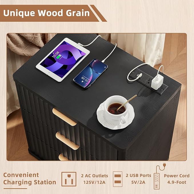 LEYAOYAO 48" Wide Fluted Dresser and 3 Drawers 23" Nightstand Set of 2, Wooden Dresser & Night Stand with Charging Station, 3 Piece Bedroom Furniture Set, Wood Chest of Drawer for Living Room,Black
