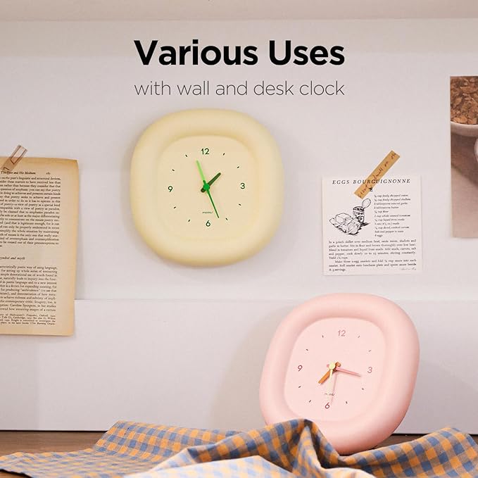 mooas Cute Mini Analog Marshmallow Clock 6.9 Inch Aesthetic Small Silent Bedside Desk Clock Battery Operated Non-Ticking Shelf Clocks for Décor Livingroom Bedroom Kitchen Desktop Gift Clock(Yellow)