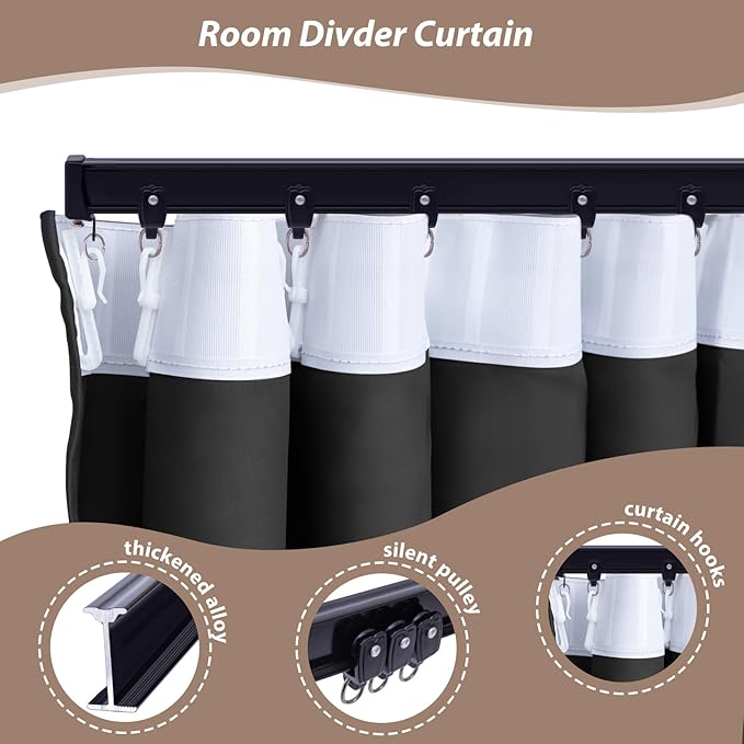 Room Divider Curtains with Ceiling Curtain Track Set Window Curtain for Bedroom,Living Room Total Blackout Thermal Insulated Privacy Ceiling Track Curtain W 9 × H 6 FT Black drape&Black track