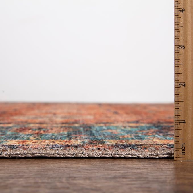 Bloom Rugs Washable Non-Slip 5' x 7' Rug - Orange/Teal Blue Traditional Bordered Area Rug for Living Room, Bedroom, Dining Room, and Kitchen - Exact Size: 5' x 7'