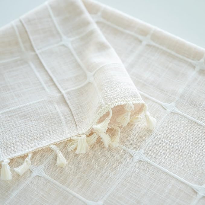 Sutuo Home Boho Curtains for Kitchen Kid's Room 72 Inch Length,Bohemian Farmhouse Vintage Chic Beige Tassels Linen Light Filtering Window Treatment Drape, 1 Panel 52" W x 72" L, Light Coffee Plaids