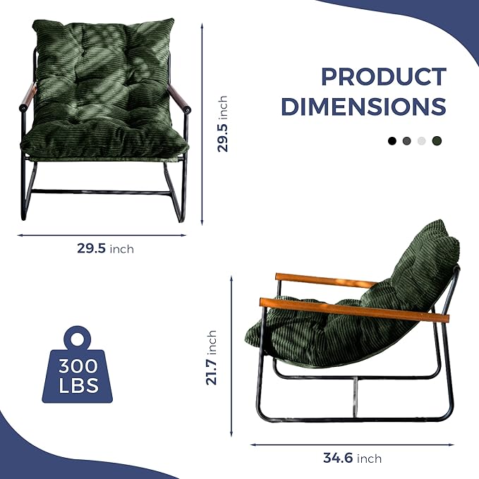 MAXYOYO Modern Accent Chair, Comfy Living Room Chair with Metal Frame Wooden Armrest, Upholstered Armchair with Soft Cushion for Bedroom Balcony Lounge Reading Room, Dark Green